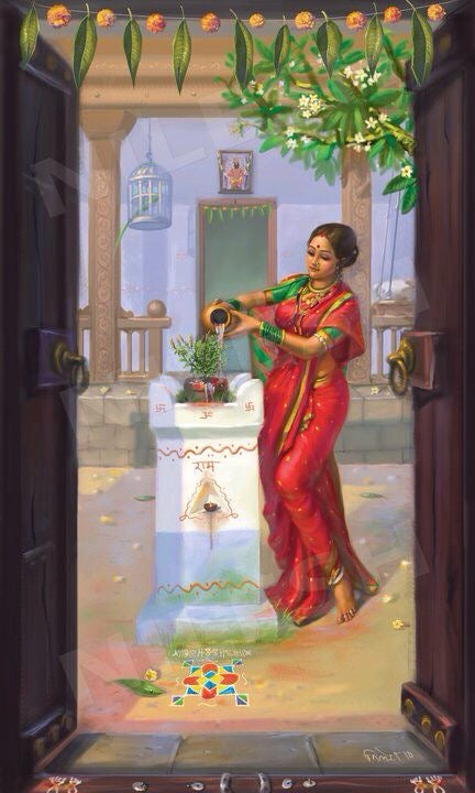 Sacred Offering – Woman Worshipping Tulsi Mata