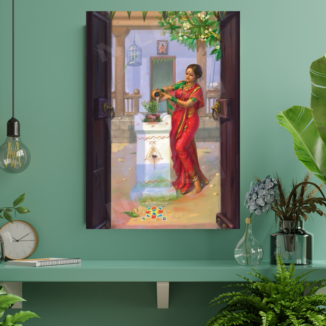 Sacred Offering – Woman Worshipping Tulsi Mata