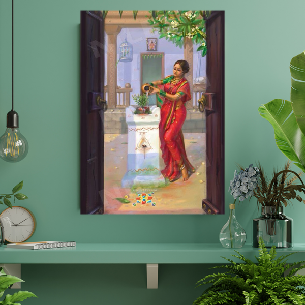 Sacred Offering – Woman Worshipping Tulsi Mata